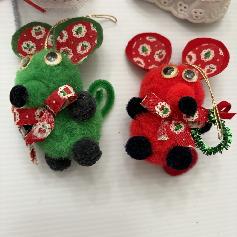 Vintage Handmade Christmas Mouse Ornaments Red And Green Set